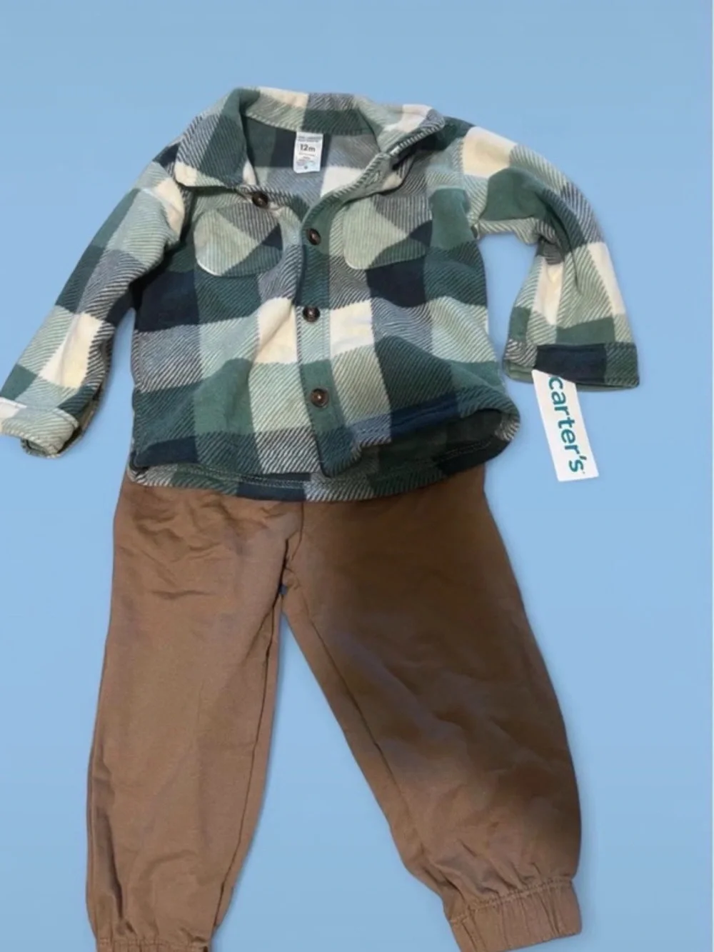 Carter's Green Plaid Fleece Jacket with Brown Pants size 12 months NWT